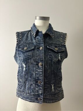Wax Jean Distressed Studded Dark Blue Denim Vest